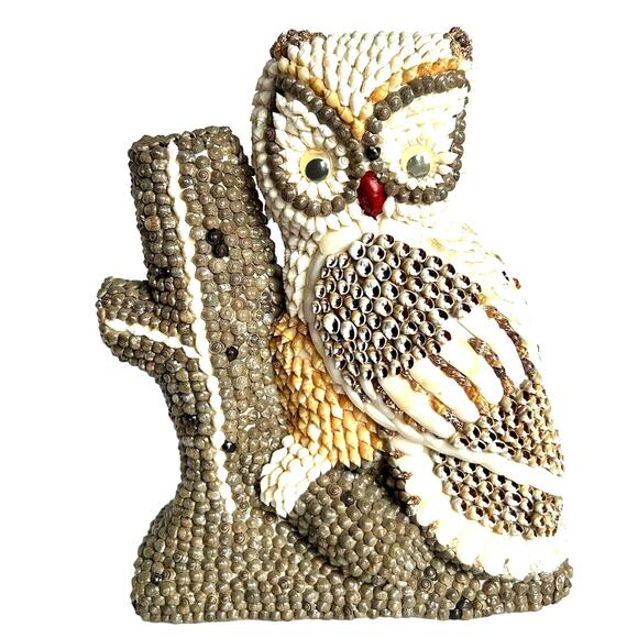 Vintage Shell Owl Figurine Vase Handmade Boho MCM Beach Decor Coastal Art - Picture 1 of 11